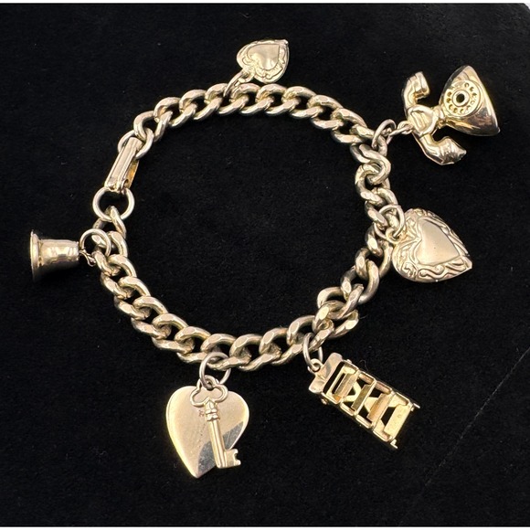 Vintage Sweetheart Curb Link Charm Bracelet Hearts Key Phone Ladder 6.5 - Picture 6 of 12